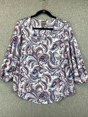 Chicos Paisley Cross Cross Front Boho Size 2 (L) Blouse 3/4 Sleeve Beachy